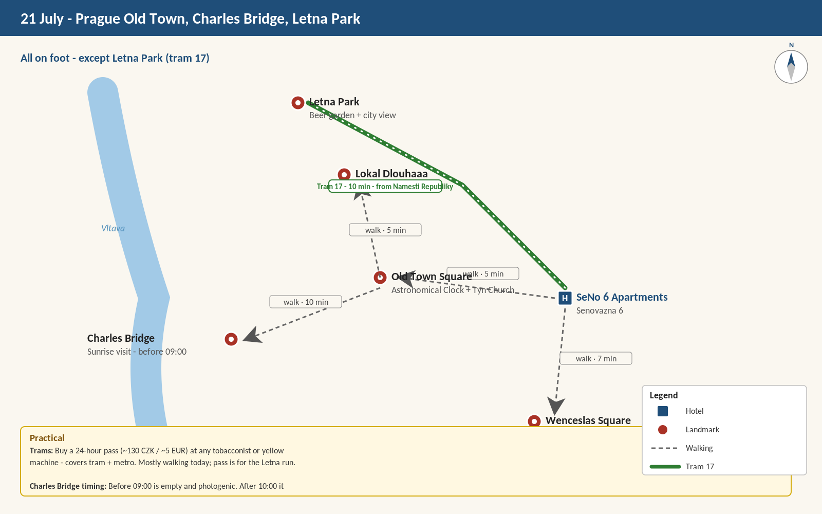 Transit map for Prague — Old Town, Charles Bridge, Letná